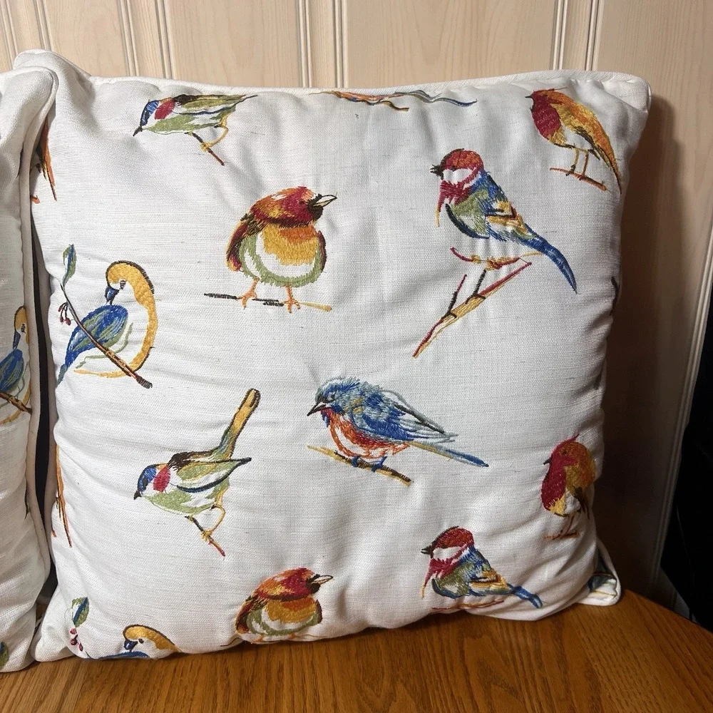 Set of 2 Colorful Bird Print Throw Pillows 18x18 Cottagecore Farmhouse Decor